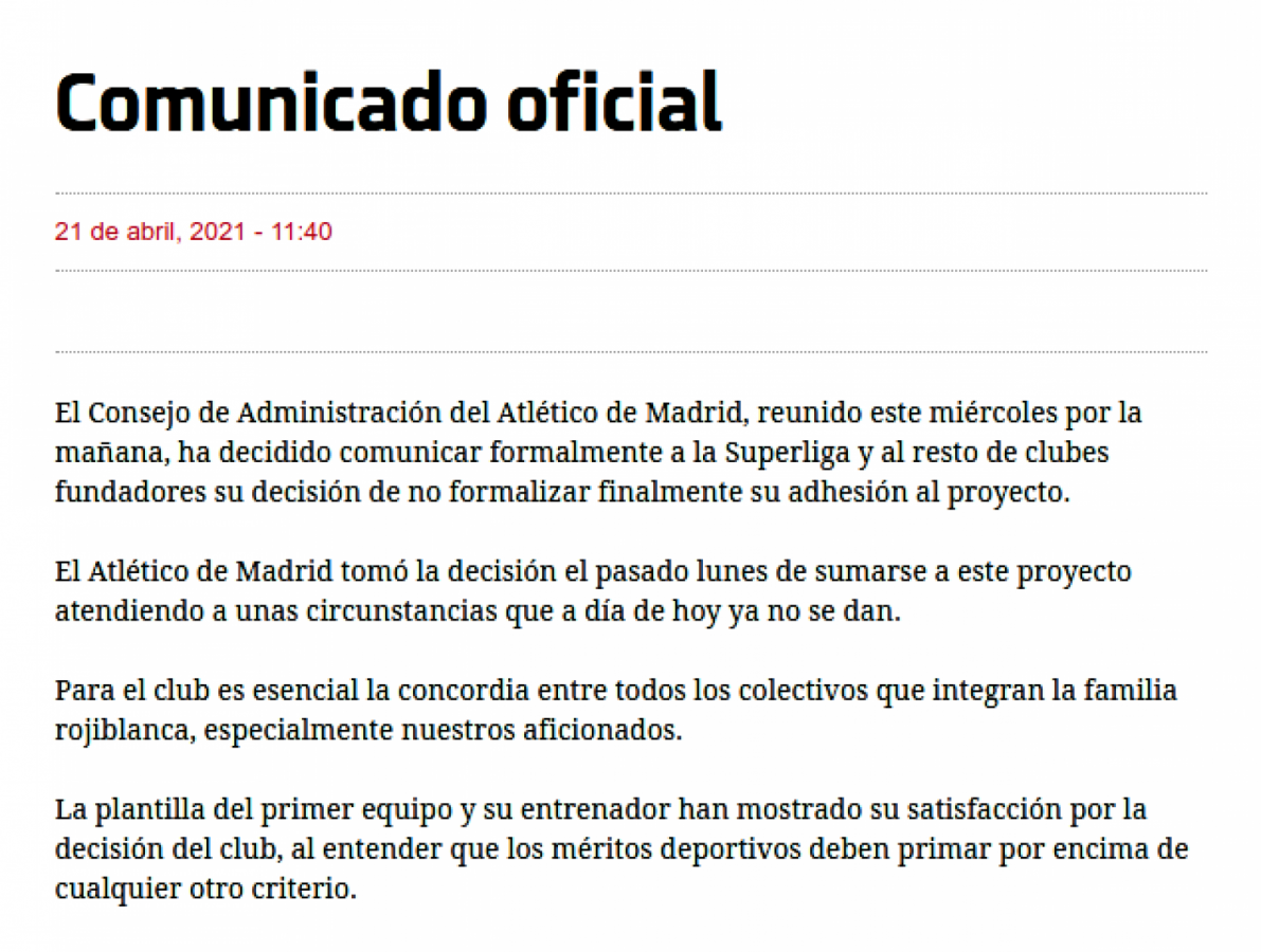 Imagen El comunicado del Atlético de Madrid.