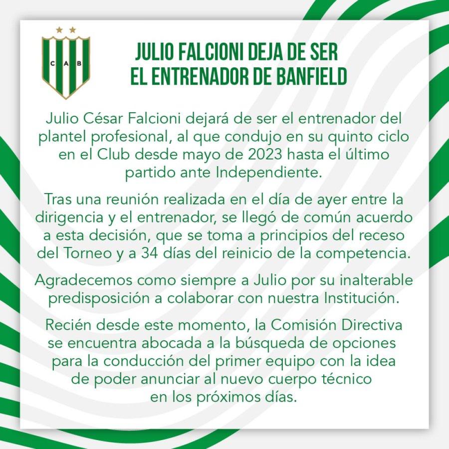 Imagen El anuncio de Banfield de la salida de Falcioni