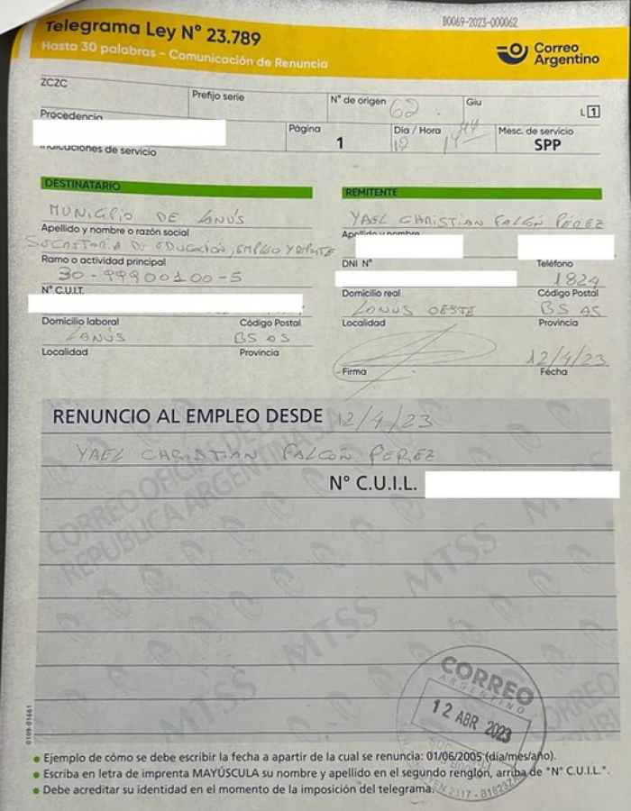 Imagen El telegrama de renuncia de Falcón Pérez