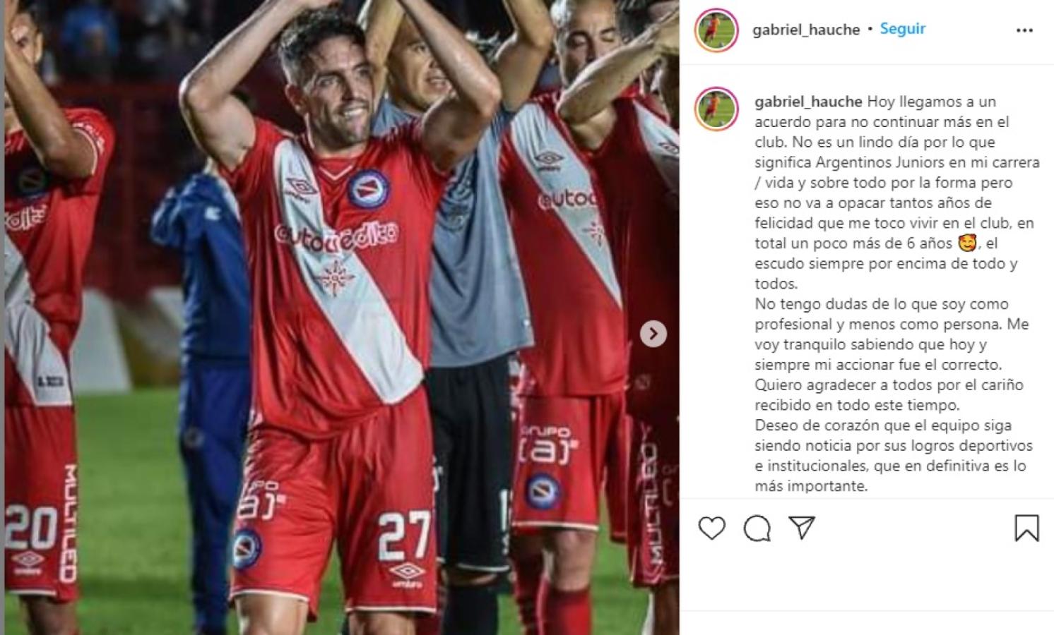 Imagen El mensaje de Hauche en su cuenta de Instagram