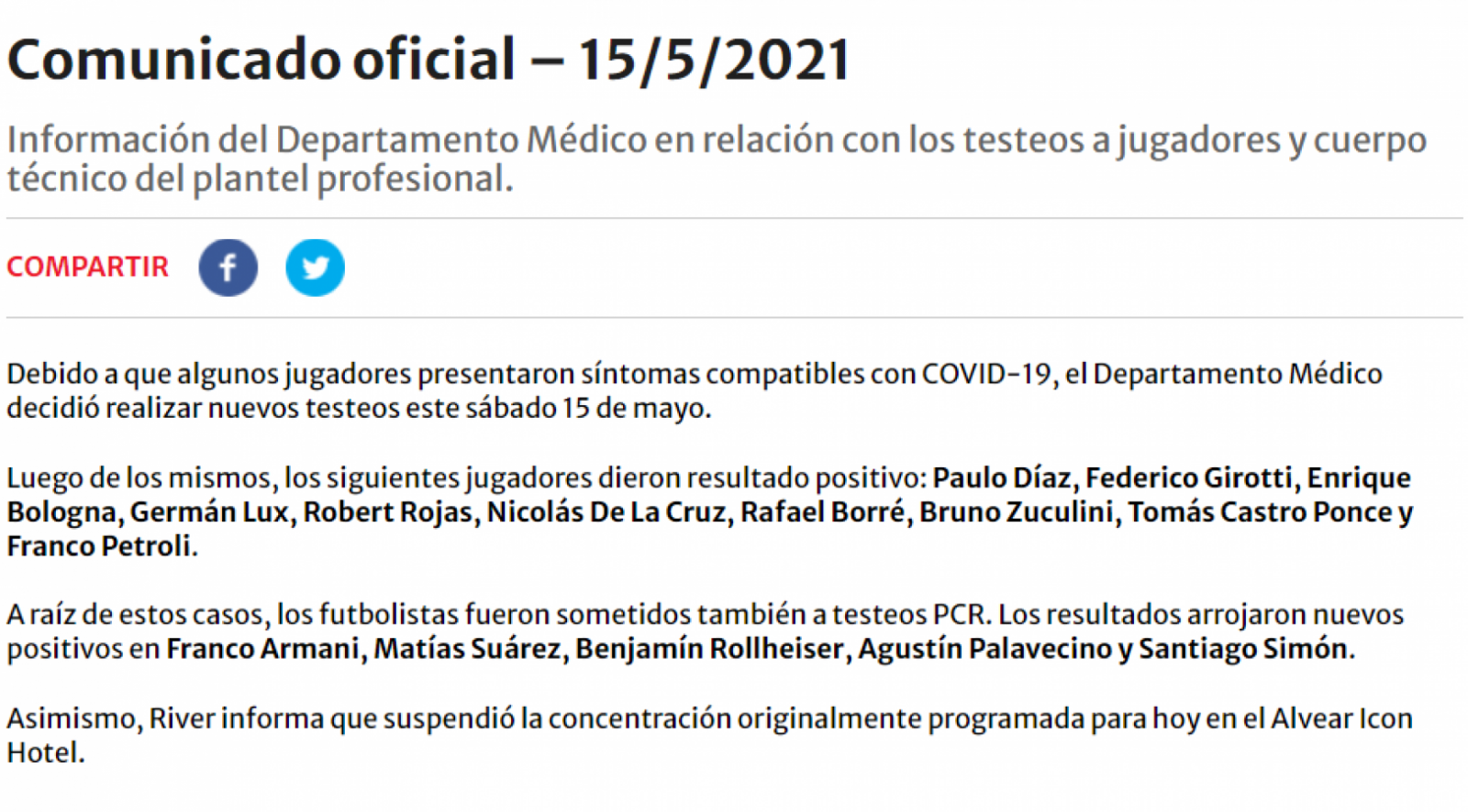 Imagen El último comunicado oficial que emitió River, confirmando los nuevos casos positivos.