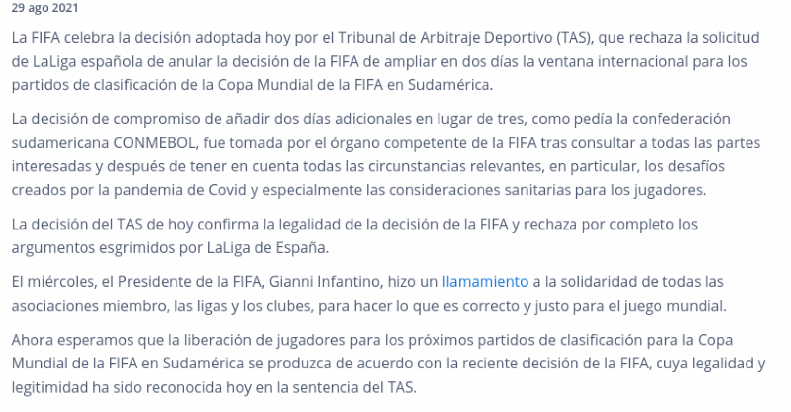 Imagen Comunicado de la FIFA en referencia al fallo del TAS.